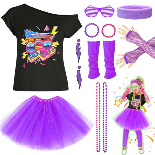 UxClishe 80er Jahre Kostüm Zubehör Set für Mädchen Fasching Neon Party Outfit mit T-Shirt Tutu Rock Fischnetz Handschuhe Beinwärmer Ohrringe Armbänder Halsketten Brille Stirnband für Retro Party von UxClishe