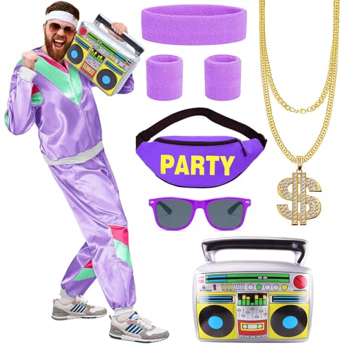 UxClishe 80er Jahre Muschelanzug Kostüm Set für Damen und Herren 1980er Trainingsanzug Retro Verkleidung Outfit mit Brille Stirnband Armbänder 80er Jahre Outfits Set für Partyzubehör Lila XL UxClishe 80er Jahre Muschelanzug Kostüm Set für Damen und Herren 1980er Trainingsanzug Retro Verkleidung Outfit mit Brille Stirnband Armbänder 80er Jahre Outfits Set für Partyzubehör Lila XL von UxClishe