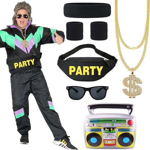 UxClishe 80er Jahre Muschelanzug Kostüm Set für Damen und Herren 1980er Trainingsanzug Retro Verkleidung Outfit mit Brille Stirnband Armbänder 80er Jahre Outfits Set für Partyzubehör - Schwarz S UxClishe 80er Jahre Muschelanzug Kostüm Set für Damen und Herren 1980er Trainingsanzug Retro Verkleidung Outfit mit Brille Stirnband Armbänder 80er Jahre Outfits Set für Partyzubehör - Schwarz S von UxClishe