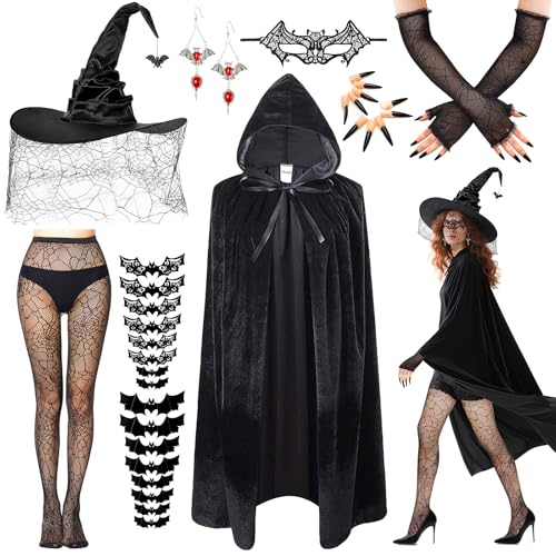 UxClishe Hexenkostüm-Zubehör-Set für Damen, Halloween-Kostüm mit Netzstrümpfen, Umhang, Hexenhut, Spitze, Maske, Handschuhe, Nagelaufkleber, Fledermausaufkleber, Ohrringe für Maskerade, Cosplay-Party von UxClishe
