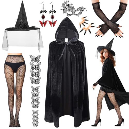 UxClishe Hexenkostüm-Zubehör-Set für Damen, Halloween-Kostüm mit Netzstrümpfen, Umhang, Hexenhut, Spitze, Maske, Handschuhe, Nagelaufkleber, Schmetterlings-Aufkleber, Ohrringe für Maskerade von UxClishe