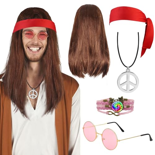 UxClishe Hippie-Zubehör für Herren, 70er-Jahre Disco-Stil, 60er-Jahre-Kostüm, 80er-Jahre-Kostüm mit Hippie-Perücke, Sonnenbrille, Hippie-Kostüm-Set für Partyzubehör (roter Stil) von UxClishe