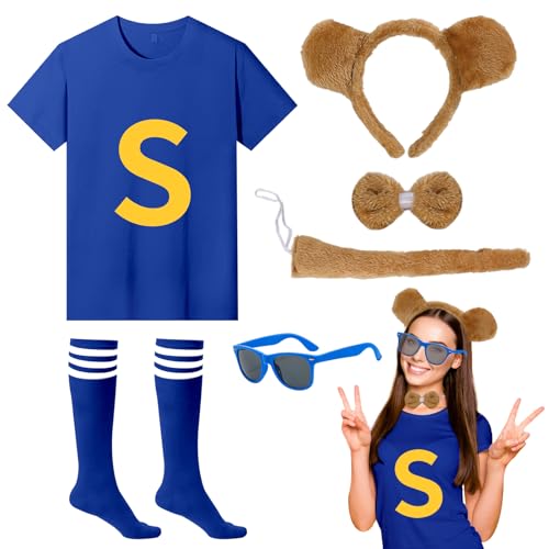 UxClishe Streifenhörnchen-Kostüm-Set, Kostüm-Outfit mit T-Shirt, Streifenhörnchen-Ohren, Stirnband, Fliege, Schwanz, gestreifte Socken, Brille für Welttag des Buches, Halloween, Cosplay UxClishe Streifenhörnchen-Kostüm-Set, Kostüm-Outfit mit T-Shirt, Streifenhörnchen-Ohren, Stirnband, Fliege, Schwanz, gestreifte Socken, Brille für Welttag des Buches, Halloween, Cosplay von UxClishe