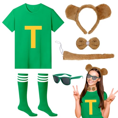 UxClishe Streifenhörnchen-Kostüm-Set, Kostüm-Outfit mit T-Shirt, Streifenhörnchen-Ohren, Stirnband, Fliege, Schwanz, gestreifte Socken, Brille für Welttag des Buches, Halloween, Cosplay UxClishe Streifenhörnchen-Kostüm-Set, Kostüm-Outfit mit T-Shirt, Streifenhörnchen-Ohren, Stirnband, Fliege, Schwanz, gestreifte Socken, Brille für Welttag des Buches, Halloween, Cosplay von UxClishe