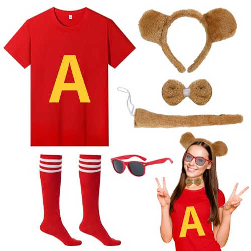 UxClishe Streifenhörnchen-Kostüm-Set für Erwachsene, Tier-Kostüm-Set mit T-Shirt, Stirnband, Socken für Cosplay, Partyzubehör (Rot, XXL) von UxClishe