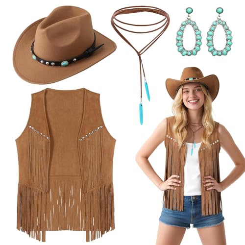 UxClishe Western-Cowgirl-Zubehör-Set für Damen, 70er-Hippie-Kostüm, Outfit mit Quaste, Weste, Hut, Cowgirl-Ohrringe und Halsketten für Retro-Mottoparty, Halloween, Cosplay, L, 4-teilig UxClishe Western-Cowgirl-Zubehör-Set für Damen, 70er-Hippie-Kostüm, Outfit mit Quaste, Weste, Hut, Cowgirl-Ohrringe und Halsketten für Retro-Mottoparty, Halloween, Cosplay, L, 4-teilig von UxClishe