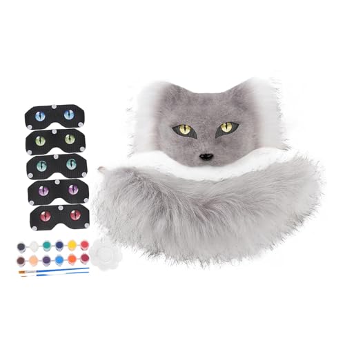 UxicRuya 2 Stück Fuchsmaske Rollenspiel Set als Tierkostüm Zubehör mit Plüschtiermaske Und Schwanz für eine Komplette Verkleidung für Karneval Und Geburtstage, Grau von UxicRuya