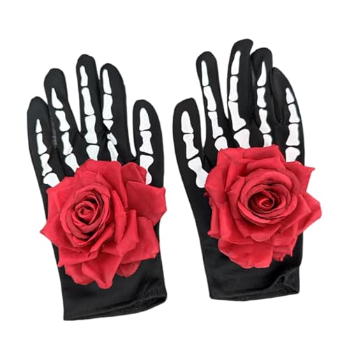 UxicRuya Halloween Skelett Rosenhandschuhe Weiß Bedruckte Skelettknochen Schwarze Handschuhe Kostüm Handbekleidung von UxicRuya