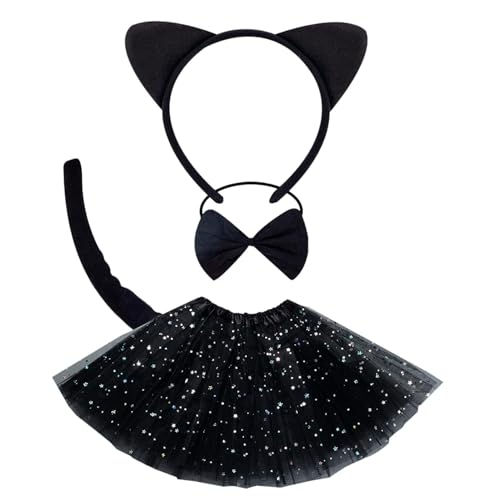 Uzndq Katzenkostüm Kinder,4pcs Katze Schwarz Kostüm Halloween Rock Halloween Kostüm von Uzndq