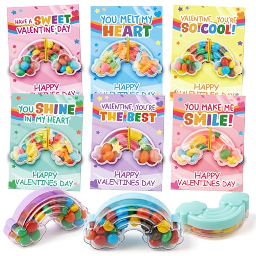 Valentinstagskarten für Kinder im Klassenzimmer, 24 Packungen Valentinstagskarten mit Regenbogen-förmigen Süßigkeitenschachteln, DIY-Valentinstagskarten für Kinder, ideales Valentinstagsgeschenk für von V-Opitos