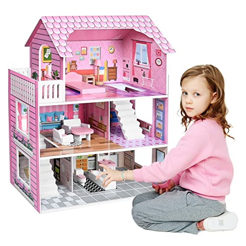 VA-Cerulean Puppenhaus aus Holz mit Möbeln,Prinzessin Puppenvilla Spielset,Rosa Simulations Puppenstube für Kinder ab 3 Jahren,Puzzlespiel,Szenario(Typ A) von VA-Cerulean