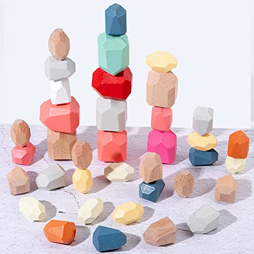 VACSTO Holz-Balance-Stein-Stapelspielzeug, 36 Montessori-Holzspielzeuge, farbige Meditations-Balance-Steine, Sortier- und Stapelspielzeug, ab 3 Jahren von VACSTO