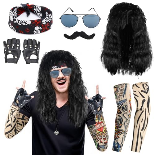 VAIAV Rockstar Kostüm Kinder, Rocker Outfit Herren, Rocker Punker Disco Kostüm, 80er Jahre Outfit Herren Perücken mit Perücken Sonnenbrillen Bärte Ärmel Handschuhe Kopftücher von VAIAV