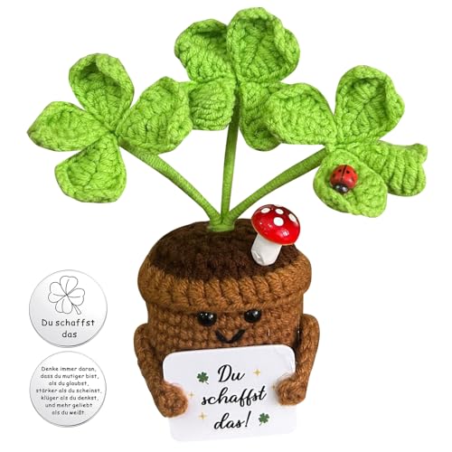 Pocket Hug Positive Pflanze - Vierblättriges Häkel Blumentopf Puppen, Glücksbringer Prüfung, Mutmacher Geschenk Einschulung Glücksbringer Schulanfang, Gute Besserung Geschenke, Danke Geschenk Lehrerin von VAIGU:OA