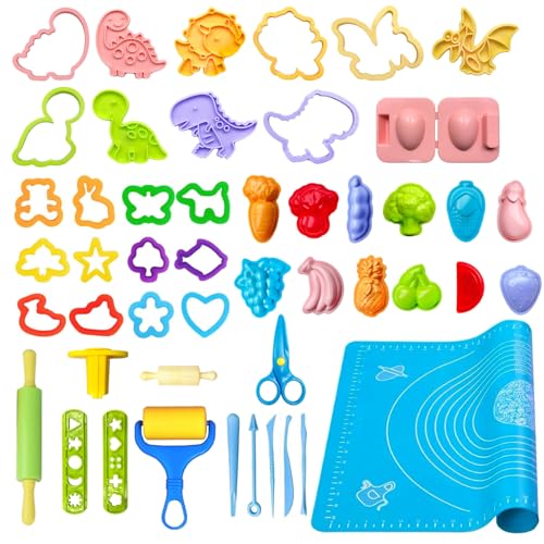 VAIYNWOM Knete Zubehör, 47 PCS Knete Werkzeug Plastilin Werkzeuge Schere Teigrolle, Formen zur Herstellung von Tieren, Dinosauriern Obst und Gemüse, mit Knetmatte Aufbewahrungstasche von VAIYNWOM