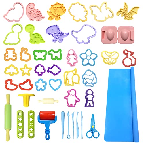 VAIYNWOM Knete Zubehör Set, 43 Stücke Knete Werkzeug Teig Plastilin Werkzeuge, Formen, Schere, Teigrolle, Dinosaurier, Tier, Knetmatte Aufbewahrungstasche von VAIYNWOM