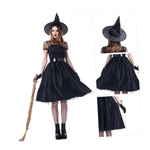 VALICLUD 1 Set 4 Teiliger Hexenanzug Schwarzer Besatz Dekoratives Hexenkleid Hexenkostüm Gothic Kleid Langes Halloween Hexenkleid Schwarzes Kleid Outfit Schwarzes Hexenkleid von VALICLUD