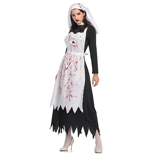 VALICLUD 1Pc Vampir Nonne Anzug Horror Damen Blutig Die Gruselige Gothic Halloween Outfits Kostüme Geisterkostüm Schwarz von VALICLUD