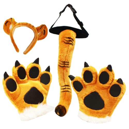 VALICLUD 1Satz Tier Kostümset für Tigerohr Stirnband Tigerschwanz und Pfoten Fäustlingen für Halloween und Cosplay Bequeme Hautfreundliche Materialien für Unvergesslichen Spaß von VALICLUD