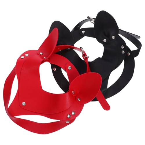 VALICLUD 2 Stück Punk Pu-Katzenohren Halbgesichtsmasken Leichte Bequeme Masquerade Ball Masken für Damen Langlebig Atmungsaktiv für Halloween Party und Cosplay in Schwarz und Rot von VALICLUD