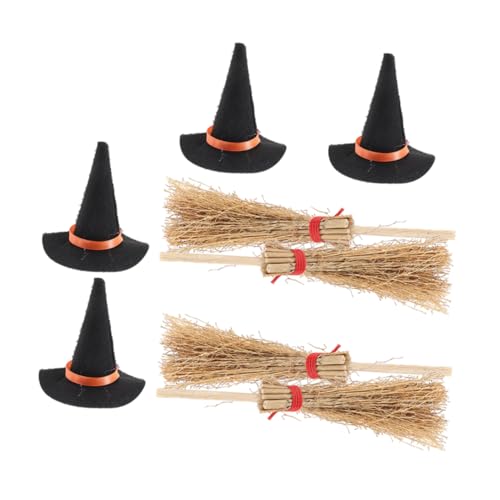 VALICLUD 8 Stück Mini Hexenhüte und Besen Set für Puppen Teilig Schwarze Filz Hüte und Besen Deko für Halloween Minihäuser und Bastelprojekte von VALICLUD