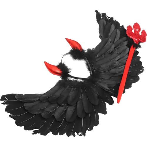 VALICLUD Engelsfederflügel Hörner Skelett Plüsch Kette halloween haarschmuck halloween kopfschmuck haarschmuck halloween Halloween-Party-Requisite Ordner Flügelstütze Karton Black von VALICLUD