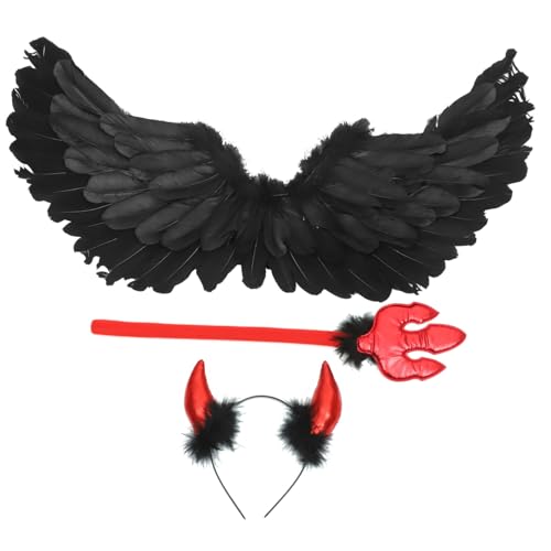 VALICLUD Teufelshörner Haarreifen Mit Schwarzen Federflügeln Und Zauberstab Für Halloween Cosplay Und Bühnenauftritte Verstellbar Und Tragbar Einzigartiges Design von VALICLUD
