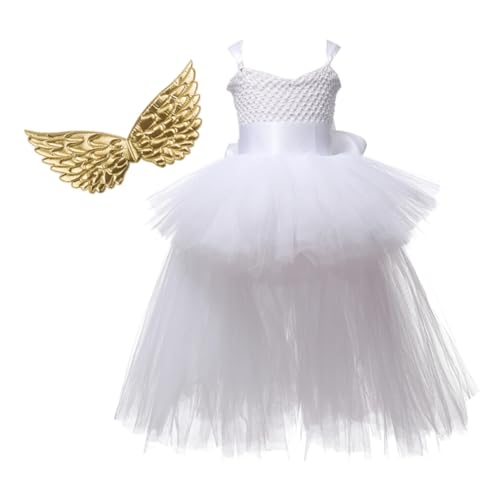 VALICLUD Halloween Tutu Kleid Set Für Mädchen Ärmelloses Fee Prinzessin Kleid Mit Goldenen Flügeln Weißes Mesh Tutu Kostüm Für Halloween Cosplay Und Partys von VALICLUD