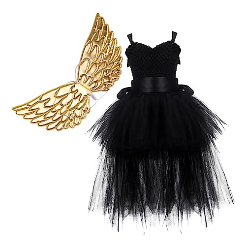VALICLUD Halloween Tutu Kleid Set Für Mädchen Mit Goldenen Flügeln Ärmelloses Mesh Tutu Kleid Schwarz Für Halloween Cosplay Und Partys Jahre von VALICLUD