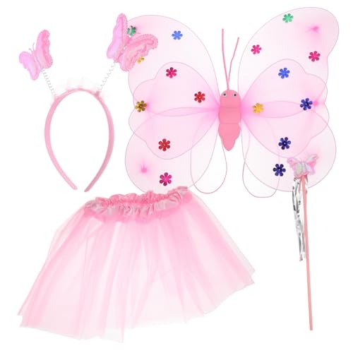 VALICLUD Kinderkostüm Schmetterlingsflügel Teiliges mit Tüllrock Zauberstab und Haarreif Rosa Cosplay für Mädchen Fasching Karneval Tanzparty und Bühnenauftritte von VALICLUD