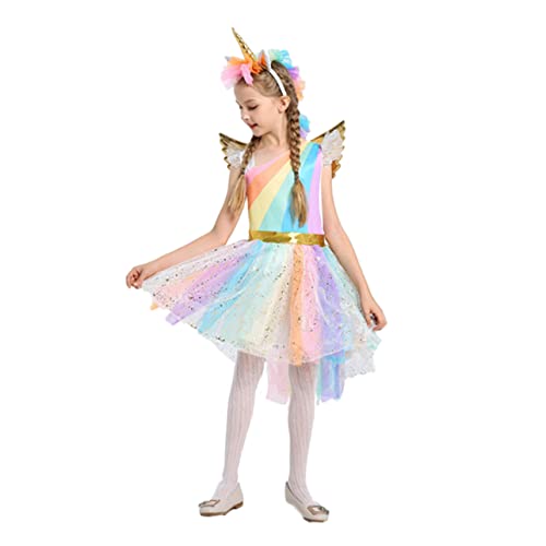 VALICLUD ädchen Weihnachtskleid Buntes Einhorn Kostü Halloween Faschingskostüme XL 130 Mit Kopfband Und Flügeln Für Partys Und Karneval von VALICLUD