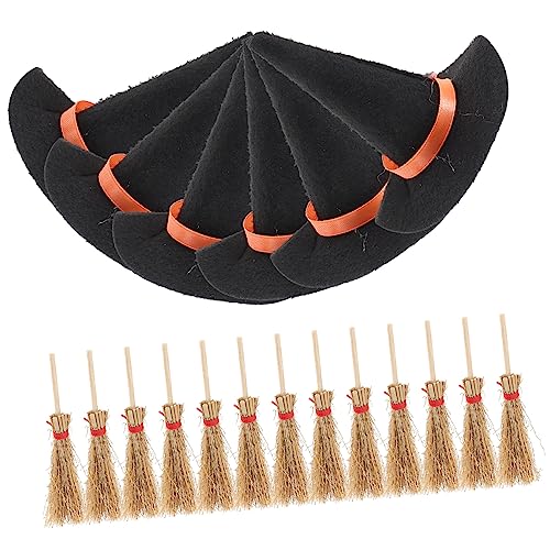 VANZACK 12Stücke Mini Hexenhüte und Besen für Puppenhaus Dekoration Hochwertige Halloween Requisiten zur Verschönerung von Mini Häusern für DIY Fans und Partys von VANZACK