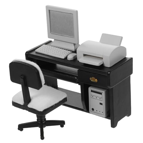 VANZACK 1Satz Mini Büro Schreibtisch Computer Modell Für Puppenhaus Bürominiaturen Dekoration Mit Stuhl Computer Tastatur Und Drucker von VANZACK