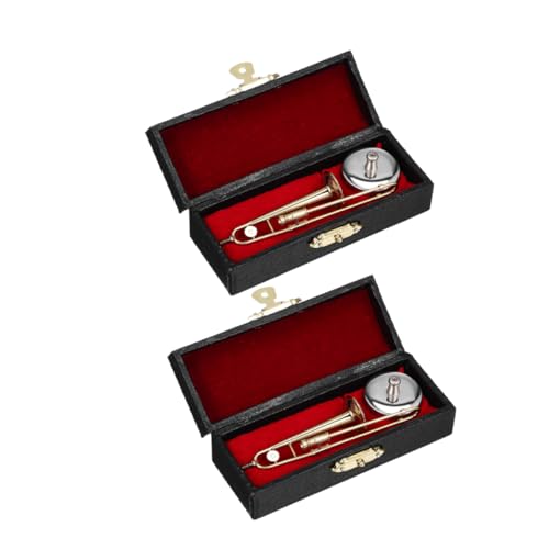 VANZACK 2 Sätze Miniatur Posaune mit Schwarzem Etui und Ständer Detailgetreues Mini Musikinstrument Puppenhaus Zubehör für Musikliebhaber Sammler Dekoration von VANZACK