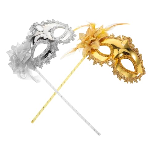VANZACK 2 Stück Maske mit Stab und Blumenmotiv für Frauen für Maskenbälle Hochzeiten Halloween und Kostümpartysgold Silber von VANZACK
