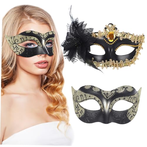 VANZACK 2 Stück Masquerade Ball Masken Vintage Kunststoffmasken mit Glitzer und Blumen für Kostümparty Hochzeit Halloween Vielseitige Foto und Bühnenaccessoires von VANZACK