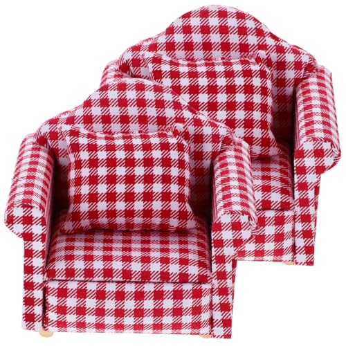 VANZACK 2 Stück Maßstab Teiliges Holz Single Sofa mit Kissen Kariertes Design Rot Weiß Handgefertigte Miniatur Couch für Puppenhaus Wohnzimmer Dekoration von VANZACK