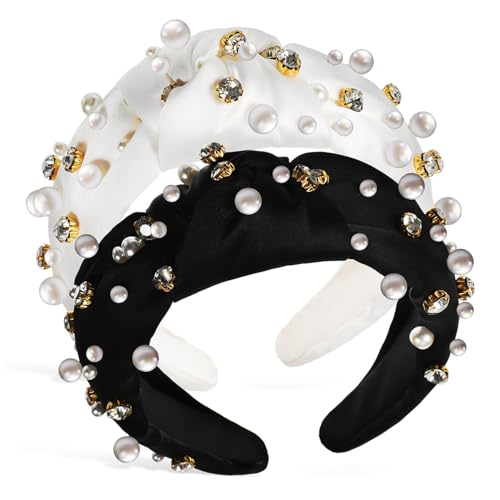 VANZACK 2 Stück Perlen Stirnband Damen mit Knoten Design Elastisches Haarband mit Strass Verziert Geeignet für Verschiedene Frisuren und Anlässe Wie Hochzeit Party Alltag von VANZACK