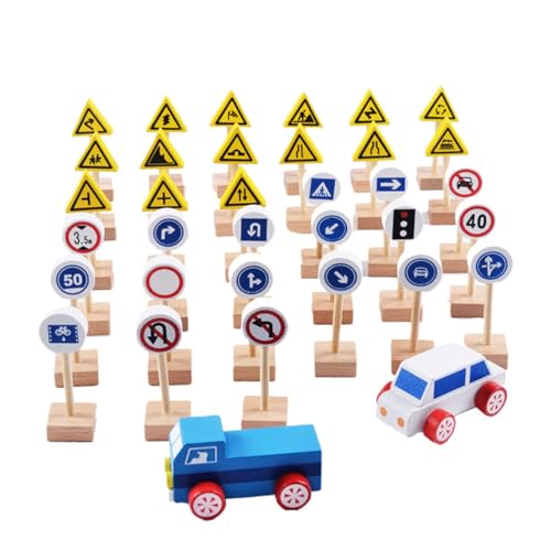 VANZACK 35 Stück Teiliges Holz Verkehrszeichen Spielset mit Autos Pädagogisches Verkehrsspielzeug für Robustes Lernspielzeug zur Verkehrserziehung Fantasie im Vorschulalter von VANZACK
