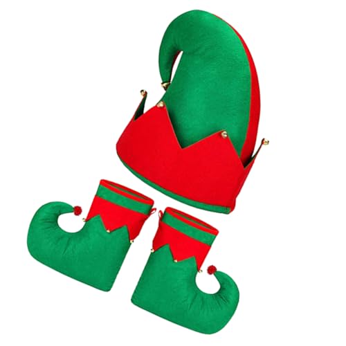 VANZACK 3Stücke Teiliges Weihnachts Elfenkostüm Roter Hut mit Passenden Schuhen für Erwachsene für Weihnachtsfeiern Cosplay Outfits von VANZACK