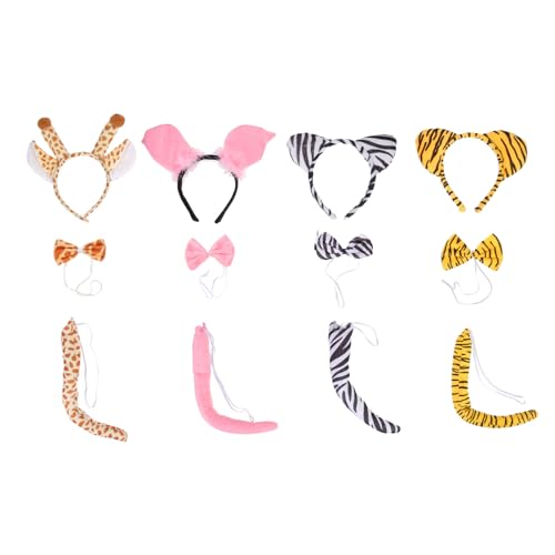 VANZACK 4 Sätze Tierkostüm Haarreifen mit Ohren Fliege und Langlebiges Stirnband für Kinderparty Halloween Fasching Karneval Cosplay Zubehör Inklusive Giraffe Tiger Schwein Zebra von VANZACK