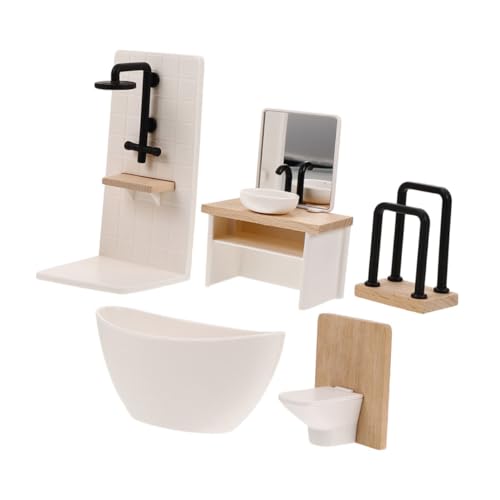 VANZACK 5 Stück Maßstab Realistisches Puppenhaus Badezimmer mit Badewanne Toilette Mini Waschbecken Duschkabine und Handtuchhalter für Kreatives Rollenspiel von VANZACK