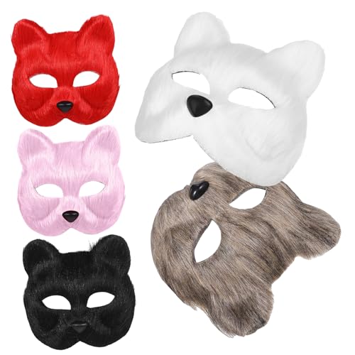VANZACK 5 Stück Teiliges Fuchs Plüschmaske mit Elastischem Band Verstellbar Atmungsaktiv mit Augenlöchern für Cosplay Maskenball und Partydekoration Weiß Rot Schwarz von VANZACK