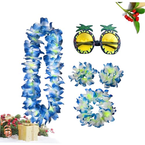 VANZACK 5 Stück Teiliges Hawaii Ananas Brillen mit Blumengirlande Armband und Kopfschmuck Lustige Ananas Sonnenbrille für Party Tanz und Karneval Leicht Robust Auffällig Blau von VANZACK