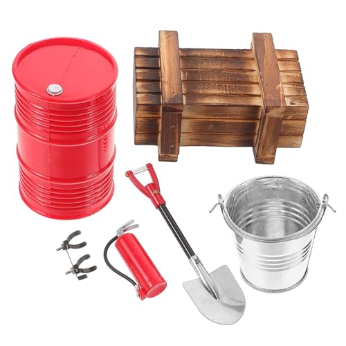 VANZACK 5 Stück Teiliges Rc Crawler Deko Mini Holzbox Ölfass Wassereimer Feuerlöscher Schaufeln aus Holz Metall Rot Realistische Simulation Zubehör von VANZACK