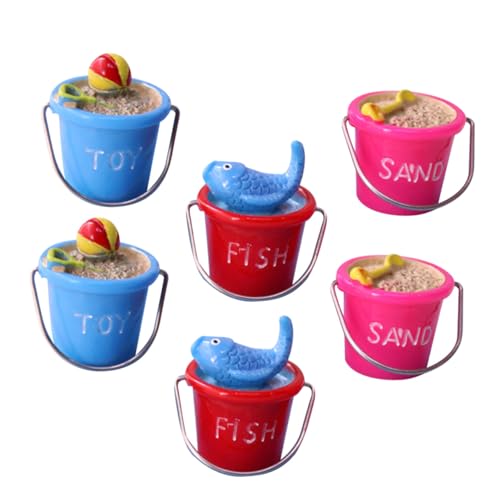 VANZACK 6 Stück Teiliges Mini Strand Eimer aus Kunstharz Niedliche Dekoration mit Fisch Ball und Löffel für Sukkulenten Blumentopf Sandtisch Modell und Mikro Landschaft Farbig Rot Blau von VANZACK