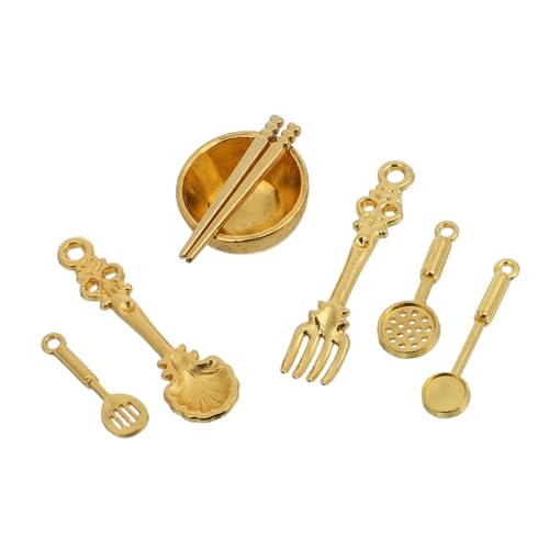 VANZACK 8 Stücke Miniatur Puppenhaus Schüssel Und Löffel Essstäbchen Gabeln Metall Geschirr Küche Zubehör Miniaturen Platte Set Puppenhaus Dekoration Goldene von VANZACK