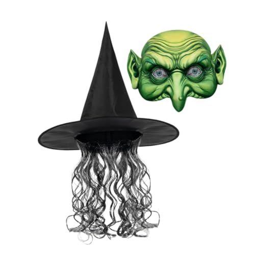 VANZACK Halloween Hexenkostüm Set Damen mit Langem Lockigem Hexenhaar Hexenhut und Maske Vielseitig für Party Karneval Cosplay Atmungsaktiv und für Halloween Feiern VANZACK Halloween Hexenkostüm Set Damen mit Langem Lockigem Hexenhaar Hexenhut und Maske Vielseitig für Party Karneval Cosplay Atmungsaktiv und für Halloween Feiern von VANZACK