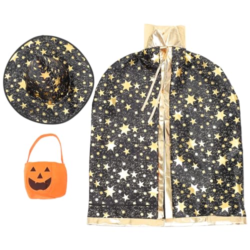 VANZACK Halloween Umhang: Wizard Cape Witch Umhang mit Hut, Kürbis Candy Bag, Hexen Zauberer Umhang für Halloween-Karnevalskostüme Jungen Mädchen 1Set (Schwarz) von VANZACK