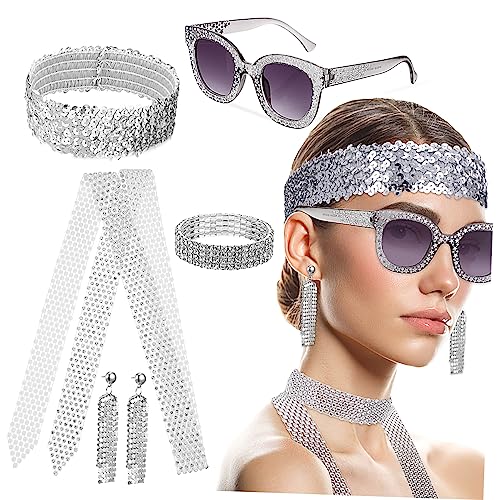 VANZACK Jahre Disco Party Accessoires Teilig für Damen Headband Sonnenbrille Metallschal Ohrringe Armband Klassisches Kostüm Zubehör für Bachelorette und Mottoparty VANZACK Jahre Disco Party Accessoires Teilig für Damen Headband Sonnenbrille Metallschal Ohrringe Armband Klassisches Kostüm Zubehör für Bachelorette und Mottoparty von VANZACK